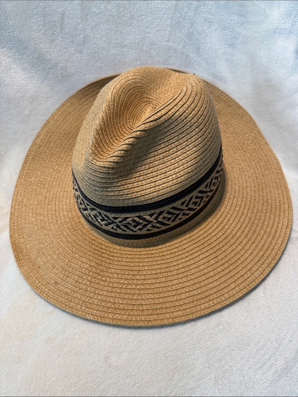 Jessica Simpson Tan Straw Fedora with Black Patterned Band